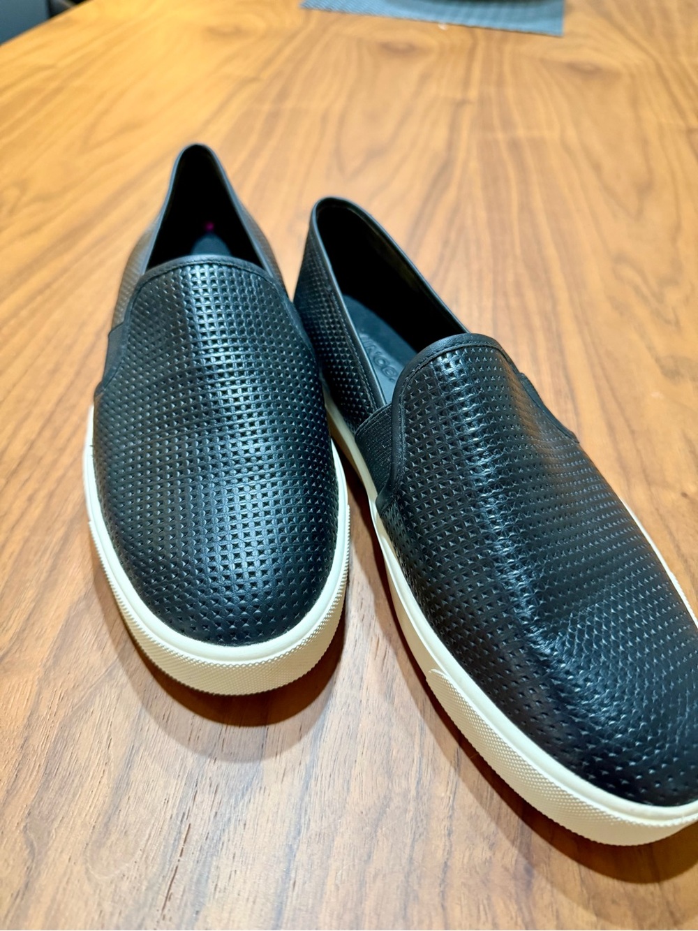 Vince Black Perforated Leather Slip-On Sneakers with Cream Sole